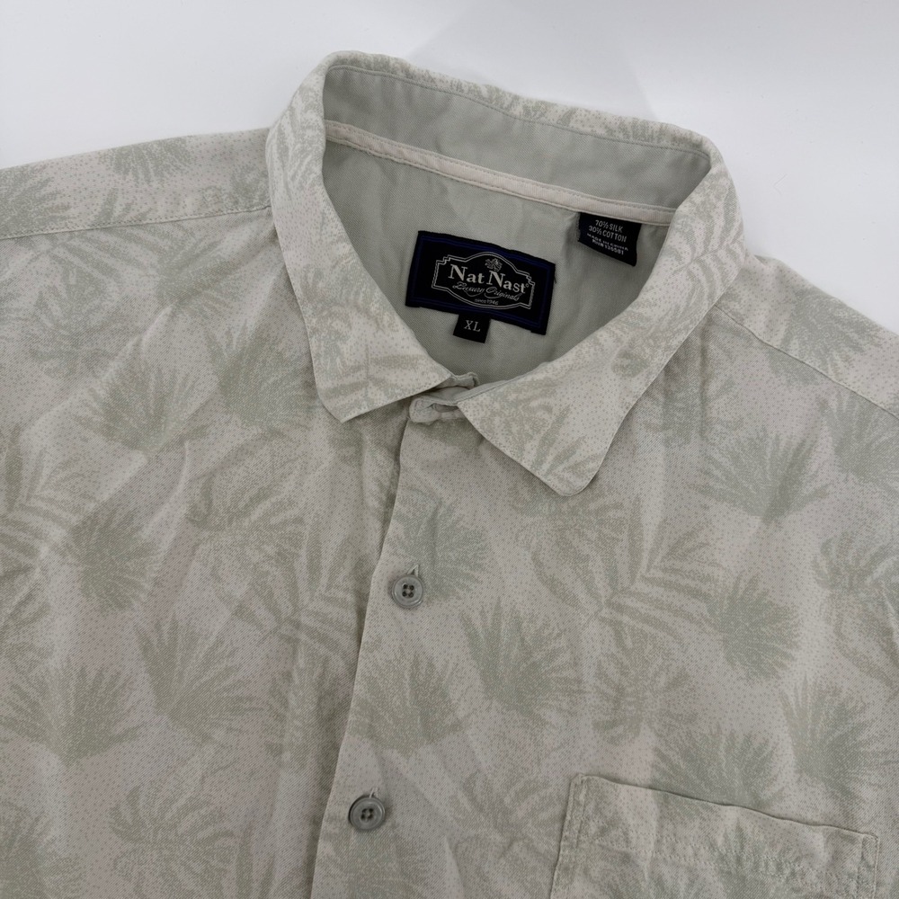 Nat Nast Button Up Shirt Mens XL Sage Green Silk Cotton Tropical Palm Leaf